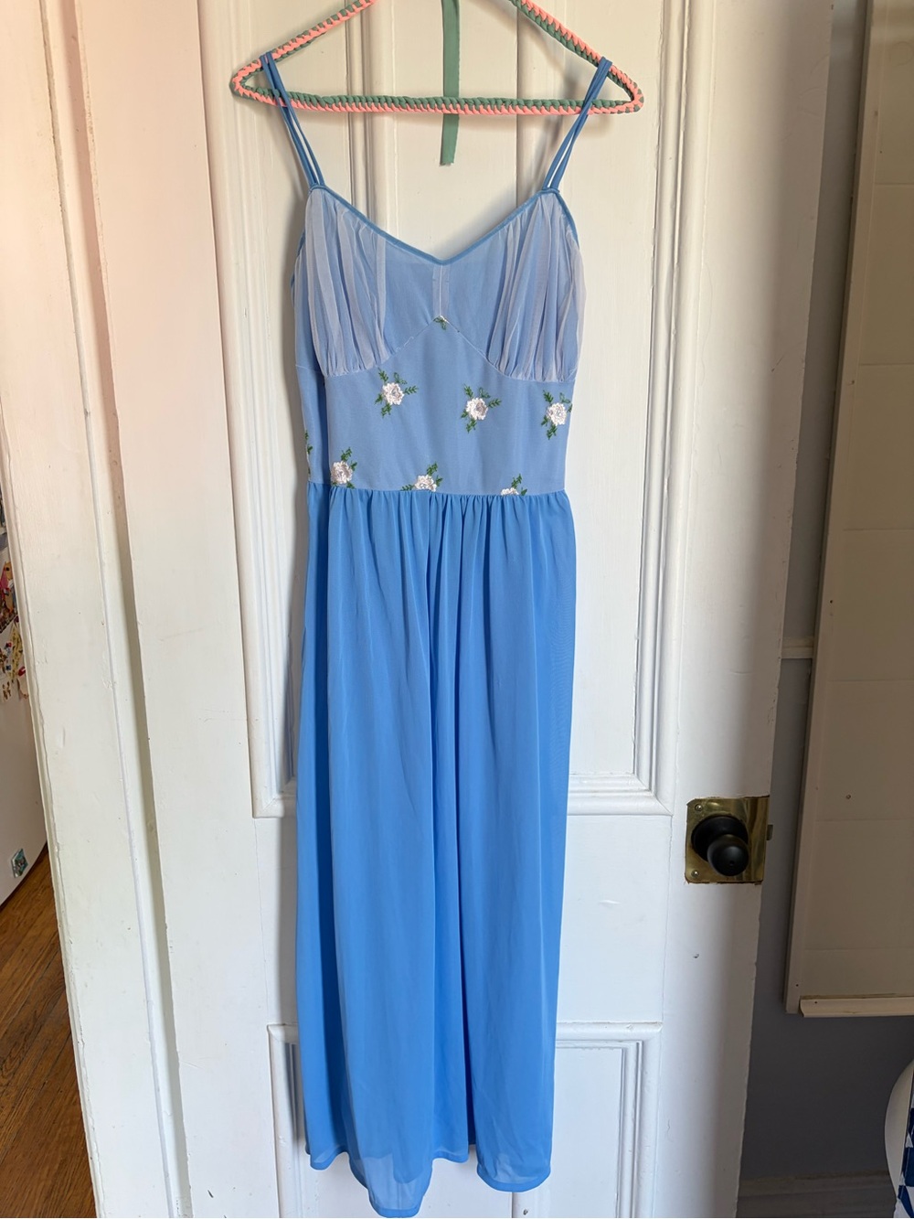 Vintage Light Chemise / Nightgown with Mesh Overlay Bodice and Floral Embro